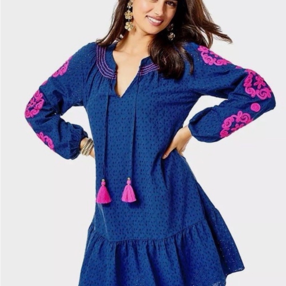 Lilly Pulitzer Blue Dress with Pink Embroidery